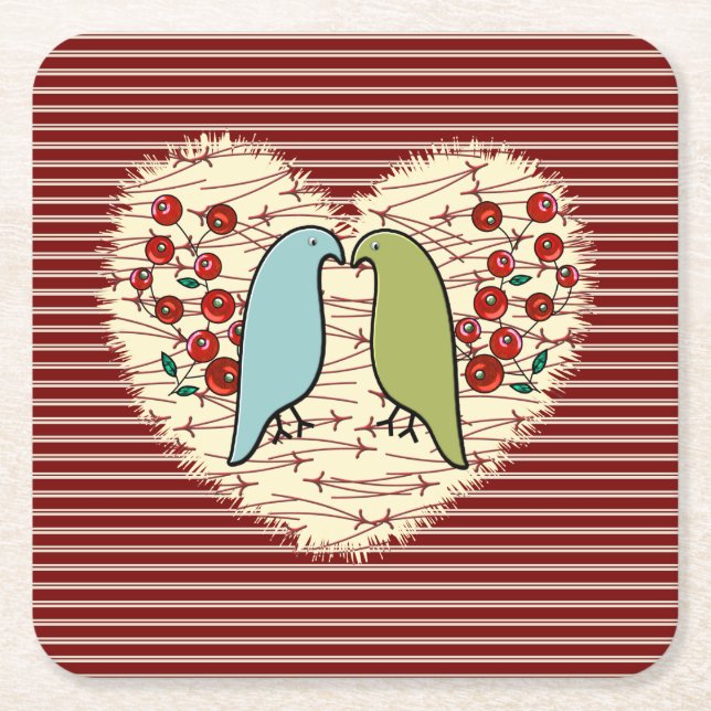 I Love Winter Birds and Berries Square Paper Coaster (Front)