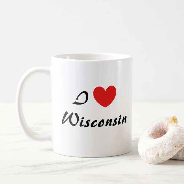 I Love Wisconsin Heart Typography Coffee Mug (With Donut)