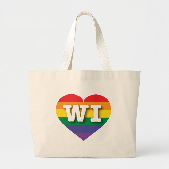 I Love Wisconsin Rainbow Heart Large Tote Bag (Front)