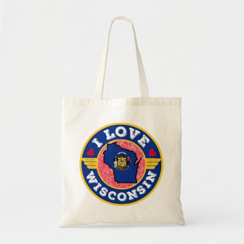 I Love Wisconsin State Map and Flag Tote Bag