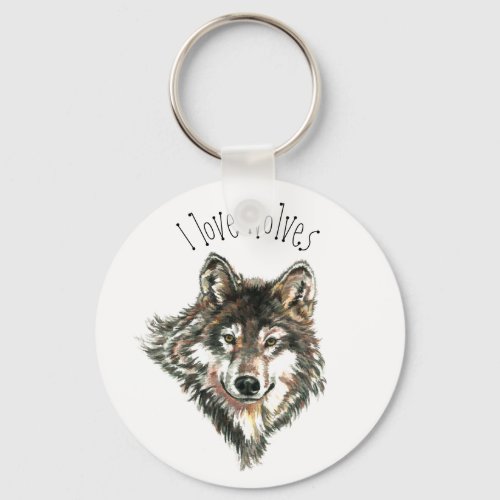 I love Wolves Watercolor Grey Wolf Animal Art Keychain