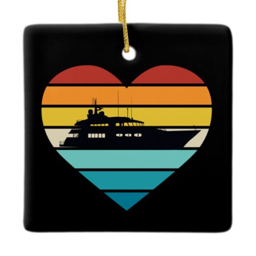 I Love Yacht Captain Ship Retro Sunset Ceramic Ornament