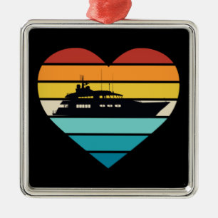 I Love Yacht Captain Ship Retro Sunset Metal Ornament