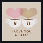 I Love You A Latte Custom Monogram Initials Coffee Faux Canvas Print<br><div class="desc">A cute "I love you a latte" personalized art for coffee lovers. Includes two coffee mugs with intertwined light pink and latte brown heart shaped steam and a cream colored background. Personalize the custom text with the couple's first name initials. Display on your kitchen counter or by your coffee bar...</div>