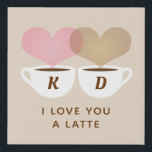 I Love You A Latte Custom Monogram Initials Coffee Faux Canvas Print<br><div class="desc">A cute "I love you a latte" personalized art for coffee lovers. Includes two coffee mugs with intertwined light pink and latte brown heart shaped steam and a cream colored background. Personalize the custom text with the couple's first name initials. Display on your kitchen counter or by your coffee bar...</div>