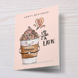 I Love You A Latte Cute Kawaii Coffee Cup Birthday Card<br><div class="desc">The perfect birthday greeting card for coffee lovers. Our design features our cute hand drawn kawaii style latte coffee-to-go cup illustrations. Whimsical latte mug kawaii character with swirl and heats creating the latte foam. A sweet little simile and hands creating a heart shape. "I Love you a latte" in hand...</div>