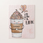 I Love You A Latte Cute Kawaii Coffee Cup & Hearts Jigsaw Puzzle<br><div class="desc">If you love puzzles, then you're going to have a blast with our cute hand drawn kawaii style latte coffee-to-go cup illustrations. Whimsical latte mug kawaii character with swirl and heats creating the latte foam. A sweet little simile and hands creating a heart shape. "I Love you a latte" in...</div>