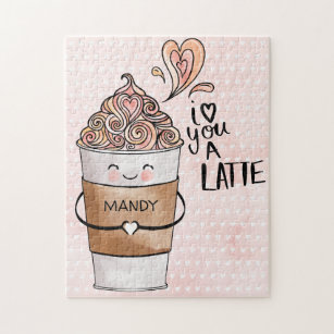 I Love You A Latte Cute Kawaii Coffee Cup & Hearts Jigsaw Puzzle