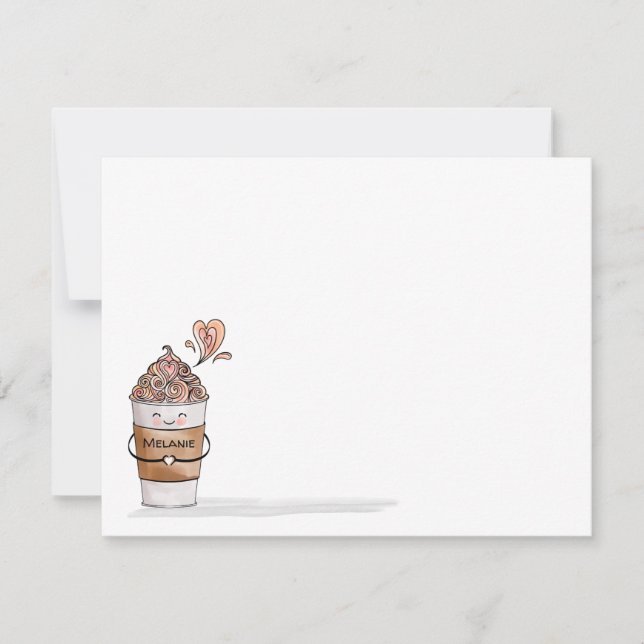 I Love You A Latte Cute Kawaii Coffee Cup & Name Note Card (Front)