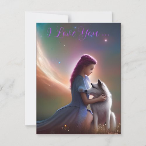 I Love You  AI Fantasy Art Print Wolfcub  Girl Postcard