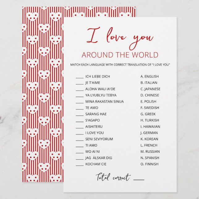 I love you around the world game with Answers (Front/Back)