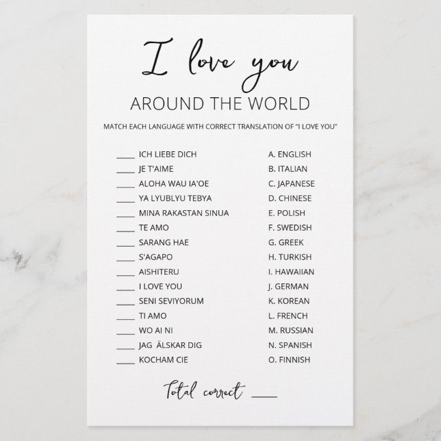 I love you around the world game with Answers (Front)