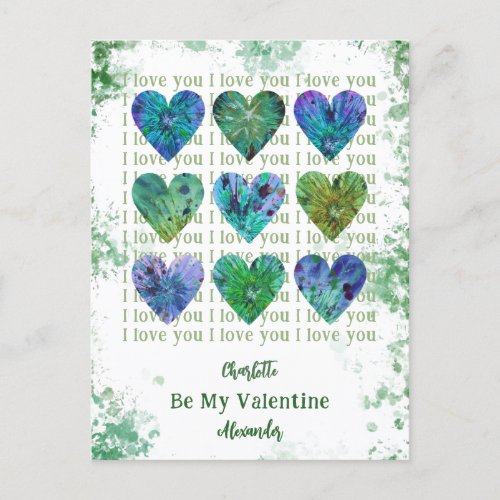 I Love You Be my Valentine Watercolor Hearts Holiday Postcard