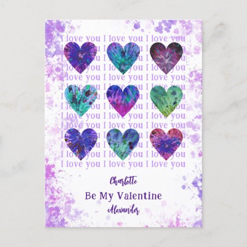 I Love You Be my Valentine Watercolor Hearts  Holiday Postcard