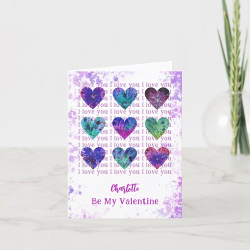 I Love You Be my Valentine Watercolor Hearts Pink Holiday Card