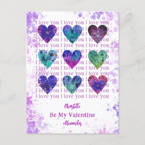 I Love You Be my Valentine Watercolor Hearts Pink Holiday Postcard