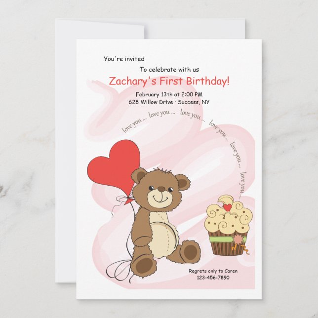I love You Bear First Birthday Invitation (Front)