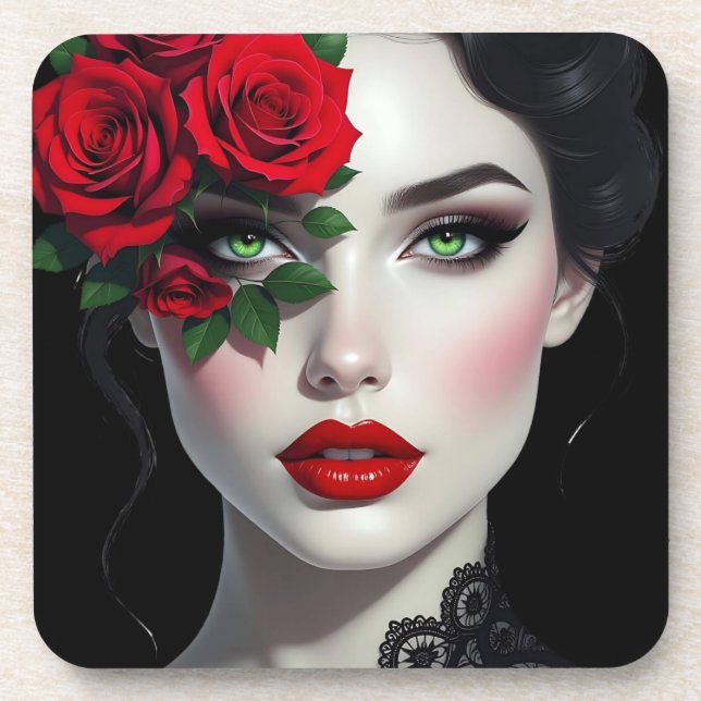 I Love You | Beautiful Woman with Red Rose Beverage Coaster (Front)