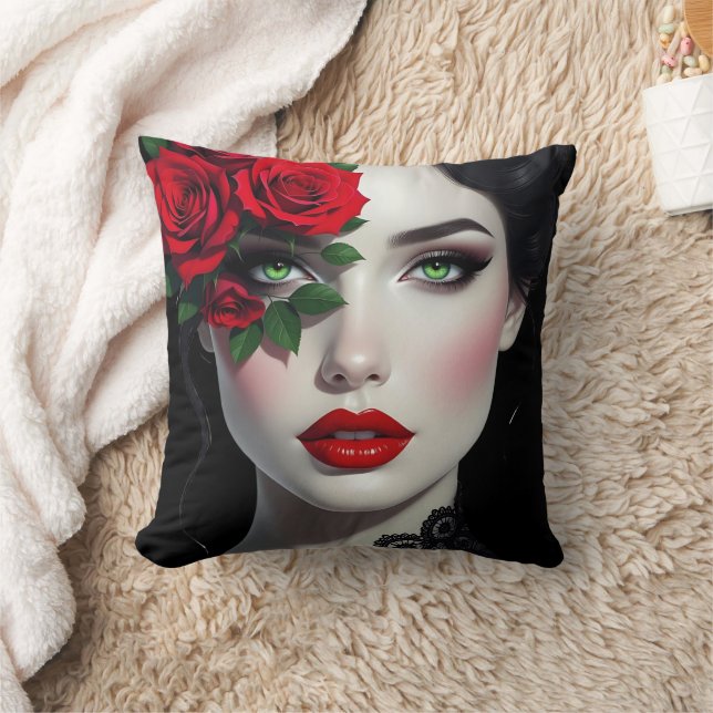 I Love You | Beautiful Woman with Red Rose Throw Pillow (Blanket)