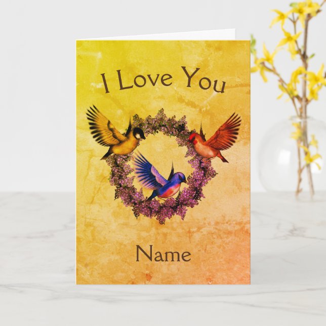 I Love You Birds On Wreath Personalized Card (Yellow Flower)