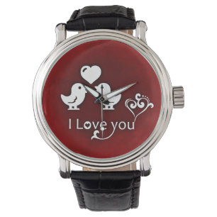 I Love You Birds Watch Vintage Leather Strap Black