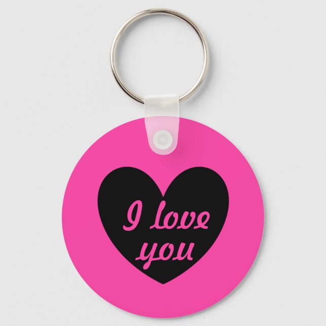 "I love you" black heart on fuchsia Keychain (Front)