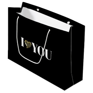 I Love You, black white gold heart modern Large Gift Bag