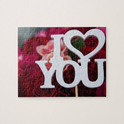 I Love You  Block Text Heart on Red Roses Photo Jigsaw Puzzle