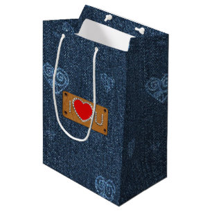I Love You. Blue Denim Pattern Custom Name Medium Gift Bag
