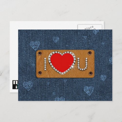 I Love You Blue Denim Pattern Valentines Day  Holiday Postcard