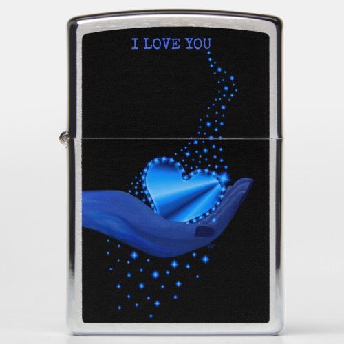 I love You  Blue Rainbow Heart with Stars Zippo Lighter