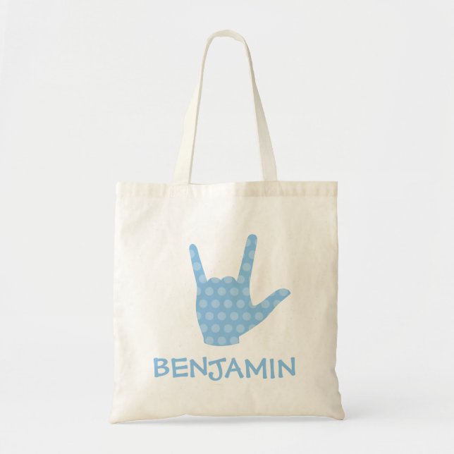 I Love You Blue Sign Language Boy Name Tote Bag (Front)