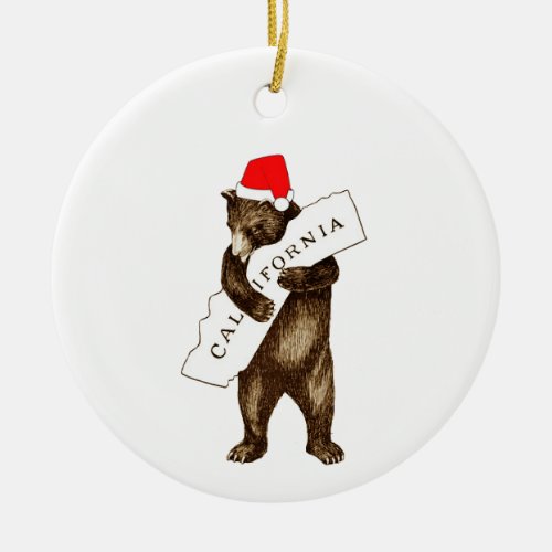 I Love You California Bear with Santa Hat Ceramic Ornament