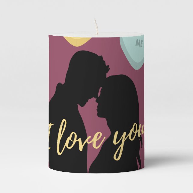 I Love You Candy Hearts Couple Pillar Candle (Front)