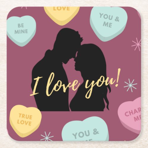 I Love You Candy Hearts Couple Square Paper Coaster