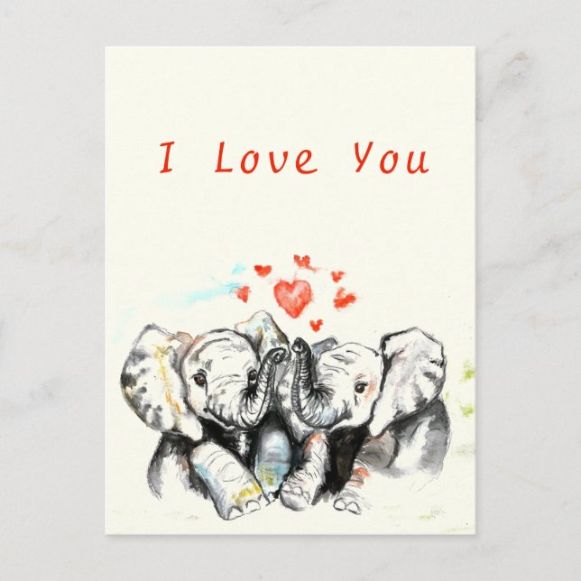 I Love You Card Romantic Couple Elephant Painted (Front)