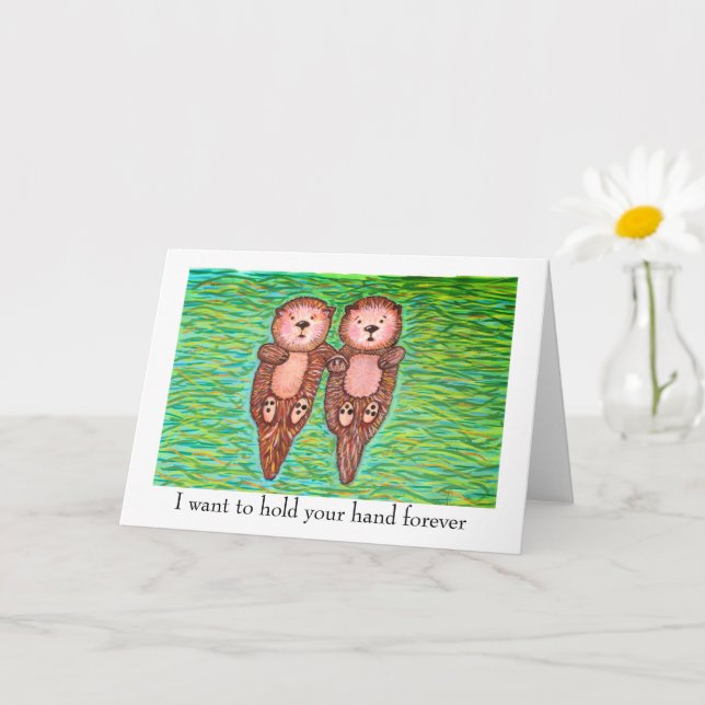 I love you card with two otters holding hands.  (Small Plant)