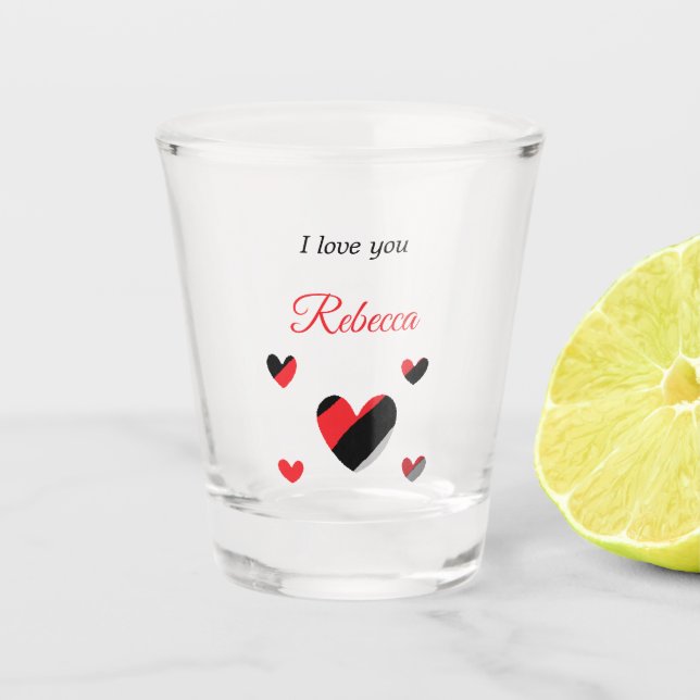 I love you colorful hearts white shot glass (Front)