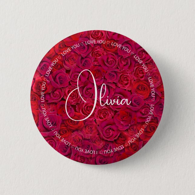 I Love You Custom Name Red Roses Love Button (Front)