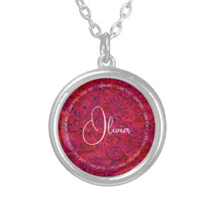I Love You Custom Name Red Roses Love Silver Plated Necklace