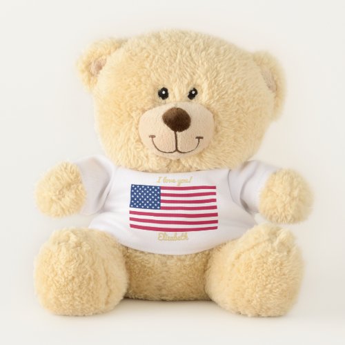 I Love You Custom Name USA Flag Soft Cuddly Cute Teddy Bear