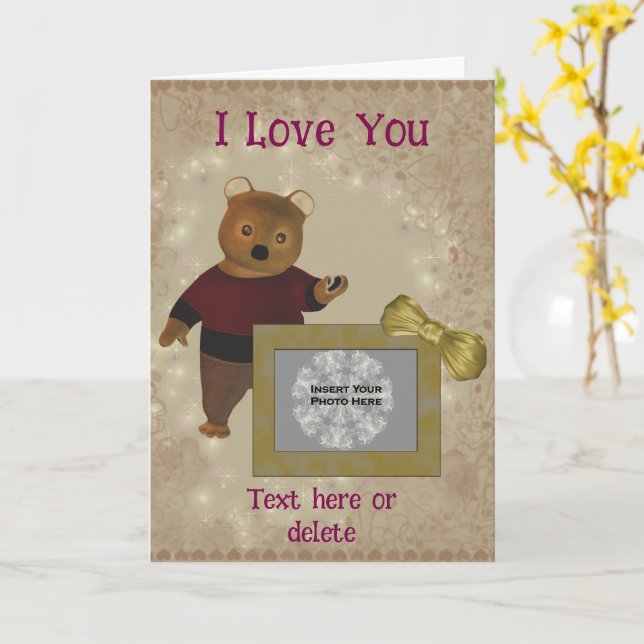 I Love You Cute Bear Frame Personalized Photo  Card (Yellow Flower)
