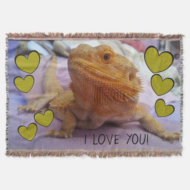 I LOVE YOU Cute Bearded Dragon and Hearts Throw Blanket (Front)