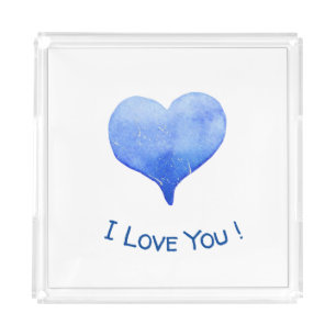 I Love You Cute Blue Heart Valentine Acrylic Tray