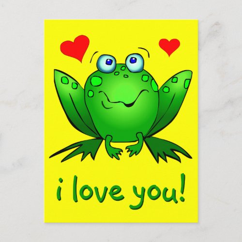 I Love You Cute Cartoon Frog Hearts Yellow Postcard
