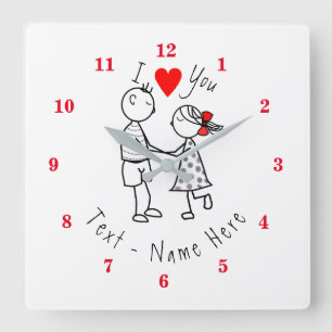 I Love You - Cute Couple - Custom Text / Name Square Wall Clock
