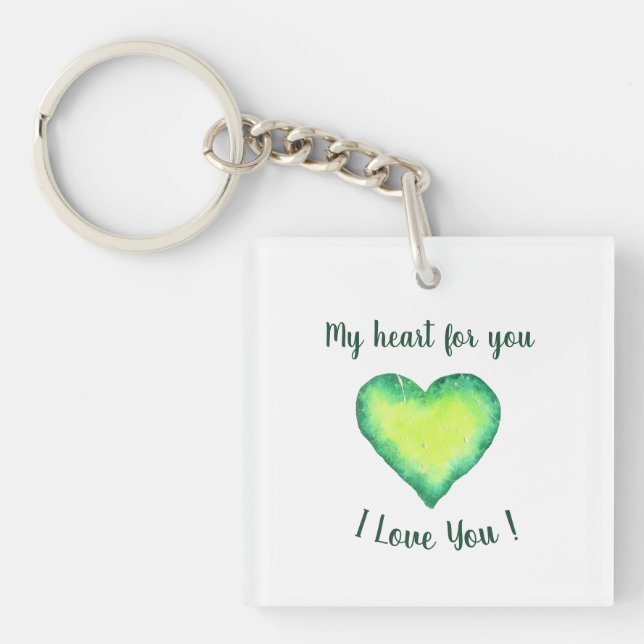 I Love You Cute Green and Blue Heart Birthday     Keychain (Front)