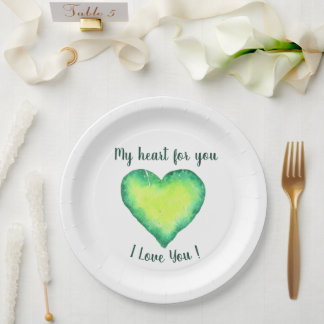 I Love You Cute Green and Blue Heart Birthday Paper Plates