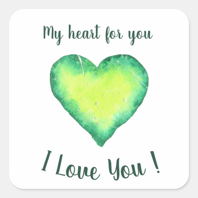 I Love You Cute Green and Blue Heart Birthday  Square Sticker (Front)