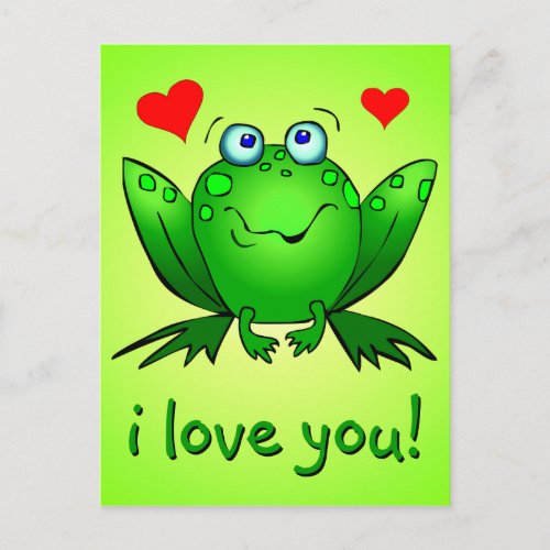 I Love You Cute Green Cartoon Frog Hearts Postcard
